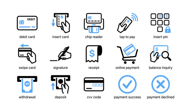 Payment and banking icons showing transactions on white