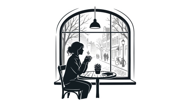 Cozy cafe scene with a person enjoying a warm drink in winter
