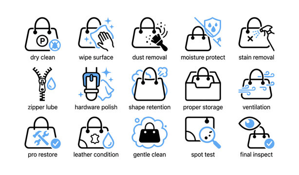 Handbag care icons showing cleaning and maintenance on white