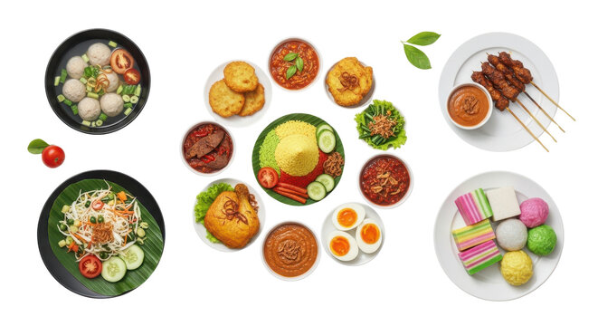 A vibrant assortment of traditional Indonesian dishes, featuring Nasi Tumpeng, chicken satay, bakso soup, fried chicken, and colorful snacks, presented as a flat lay on a transparent background.