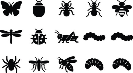 Set of black insect and bug icons in different shapes and types Vector © MstSonia