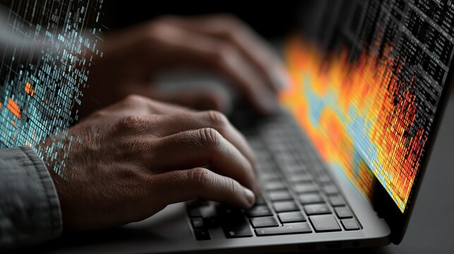 A person typing on a laptop with a vibrant and colorful screen displaying code