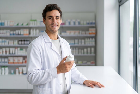 Male pharmacist holding a medicine bottle and smiling in a modern pharmacy
