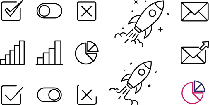 Startup business launch and web UI outline icon set featuring rocket checkbox chart toggle button mail envelope linear