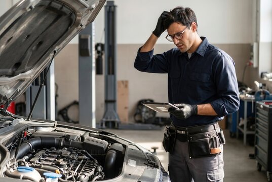 Young mechanic analyzing car engine issues with a digital tablet in an auto repair shop