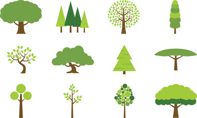 Fototapeta premium Set of twelve different green trees with various shapes and sizes for design Vector