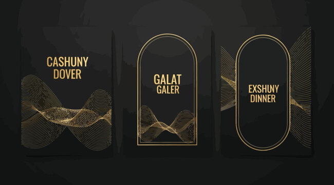 Set of three luxury gold line art frames with abstract wave patterns on, elegant vertical design templates