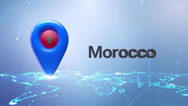 Morocco Flag Inside Location Pin On Digital World Map Animation