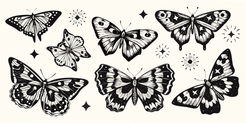 Black And White Butterfly Illustrations With Decorative Starbursts And Diamonds © Tapan