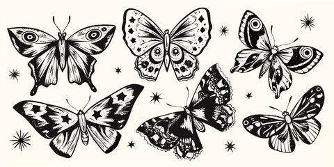 Black and white butterfly illustrations with decorative details and star accents © Tapan