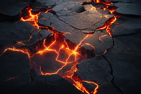 Cracked Earth with Molten Lava: A dramatic depiction of the Earth's crust fracturing, revealing glowing, molten lava seething beneath the surface, symbolizing immense geological power and raw energy.