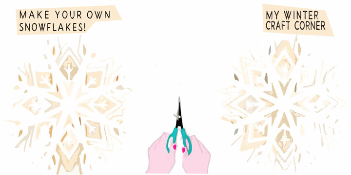 Scissors cutting paper snowflakes digital illustration with white background