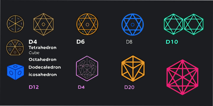 Platonic solids geometric shapes colorful vector illustration on dark background