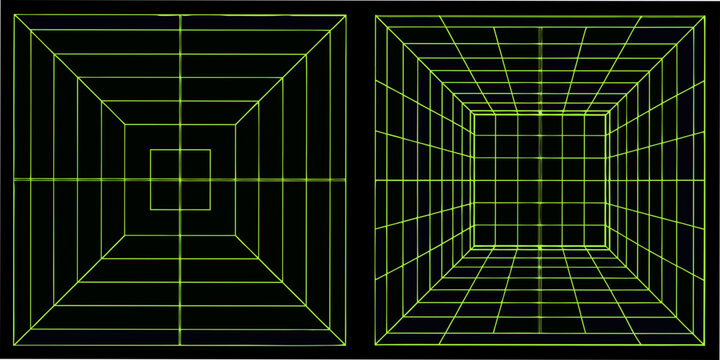 Neon Green Wireframe Grids On Black Background Abstract Digital Illustration