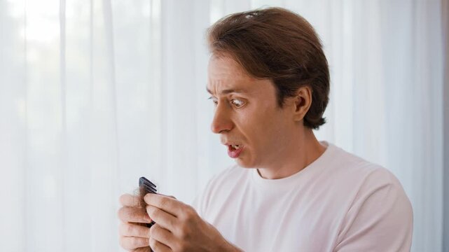 A man experiences shock while looking at hair loss on his comb. This video captures signs of alopecia, male hair loss, and stress-related grooming issues. High quality 4k footage