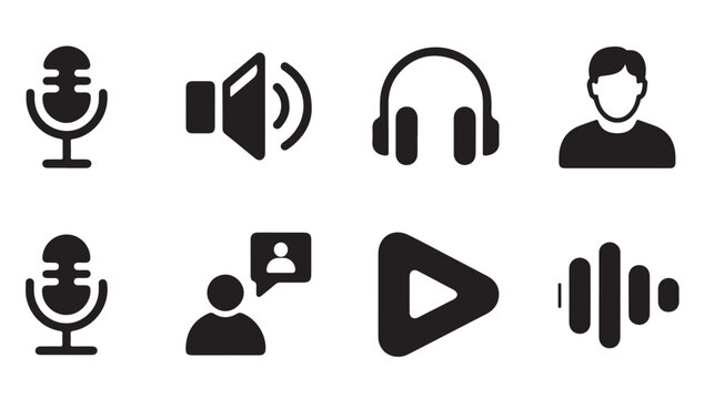 Icons set microphone speaker headphones person play button and audio waves.