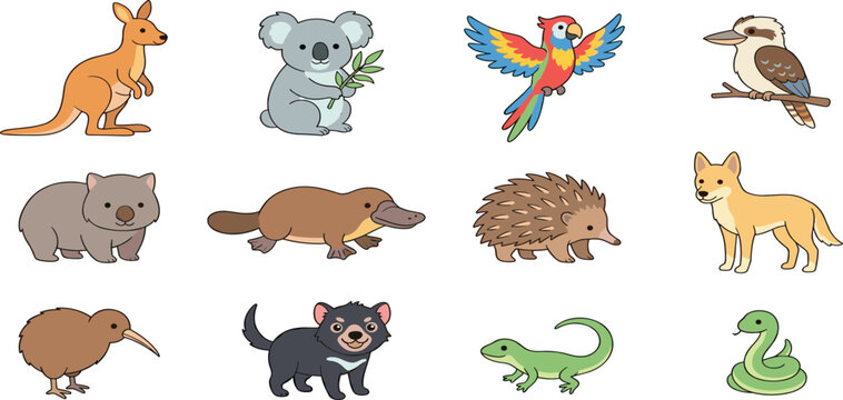 Cute cartoon Australian wildlife vector icon set featuring kangaroo koala platypus wombat dingo and snake