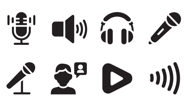 Audio icons set microphone speaker headphones person chat play button sound waves.