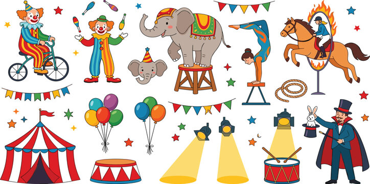 Cute cartoon circus elements vector big set with magician clowns elephant acrobats tent and spotlights