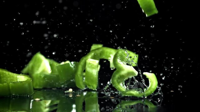 Green pepper rings collide with water food stylist tosses rings, Filmed on a high-speed camera at 1000 fps.