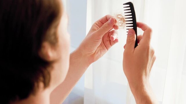 A man discovers hair loss on his comb, looking shocked. This video represents alopecia, male hair loss, and stress-related issues, illustrating a key men's grooming concern. High quality 4k footage