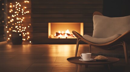 Naklejka premium Cozy interior scene features a burning fireplace, a comfortable armchair, a small table with a cup of coffee and pastry, and christmas lights adding a festive touch to the warm ambiance