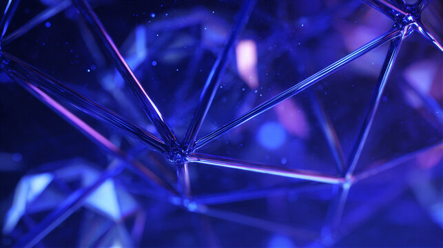 Futuristic 3D neural network with glowing crystal nodes and fiber optics in deep blue tech space. Cinematic lighting and ample copy space for AI presentations and corporate hero banners.