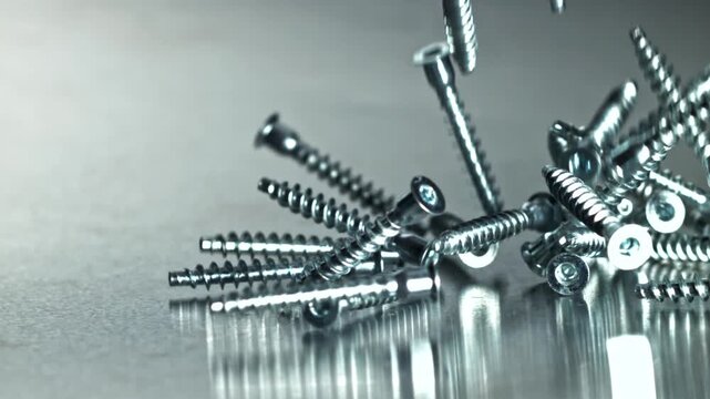 Close up scattered metal screws on reflective table, kinetic tumble, Filmed on a high-speed camera at 1000 fps.