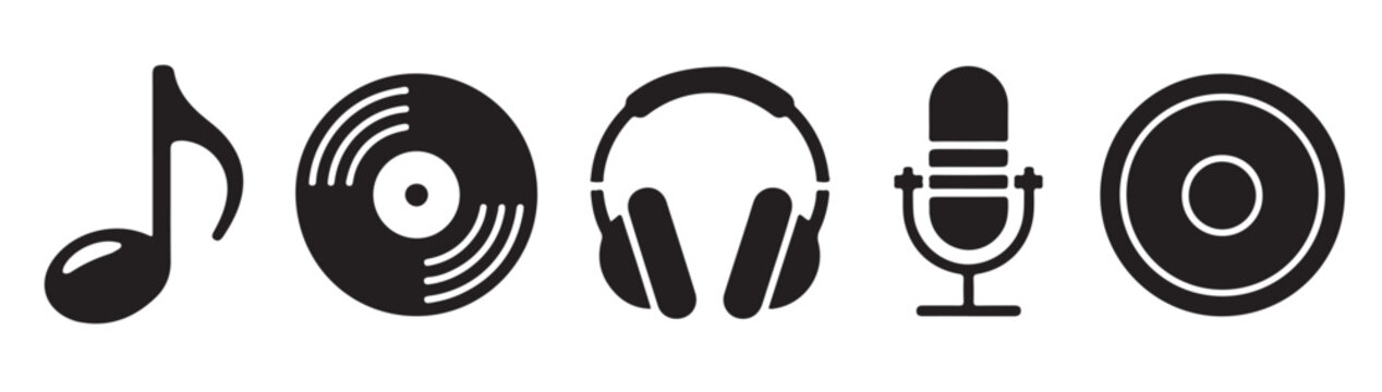 Podcast set icons microphone headphones play button vinyl record music note.
