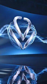 Shiny metallic logo floating above water, cinematic brand reveal with blue glow, chrome ribbon forming heart shaped emblem, particle vortex and subtle ripple on glossy surface, mirror reflection