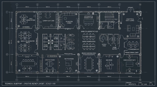 Technical floor plan layout of a modern office space with furniture arrangement