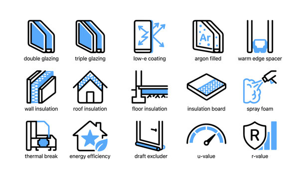 Insulation and glazing icons showing window and thermal features