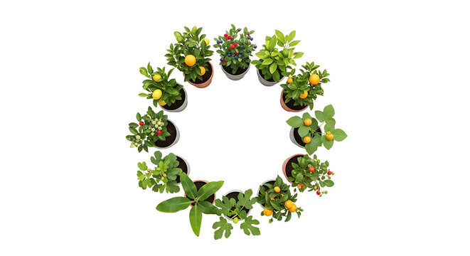 A circular arrangement of small potted plants, including citrus trees and chili plants, on a white background.