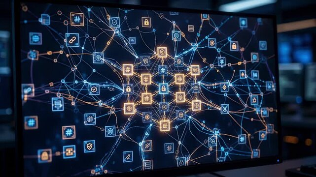 Closeup medium shot of a visualization screen displaying a dynamic blockchain network focusing on secure and immutable pension member records.