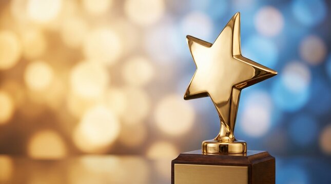 A close-up of a gold star trophy on a wooden base with a metal plaque, set against a softly blurred background of warm golden and cool blue bokeh lights, creating a festive, celebratory mood.