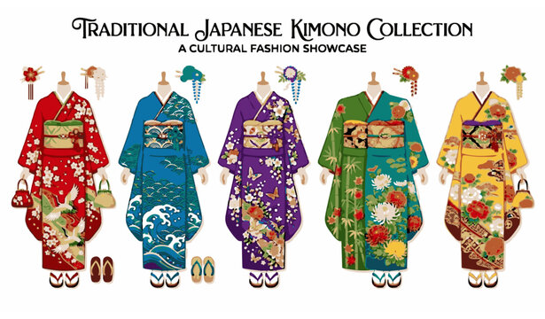 Colorful traditional kimono fashion showcase with decorative Japanese patterns vector illustration