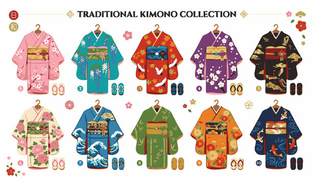 Colorful traditional kimono fashion showcase with decorative Japanese patterns vector illustration