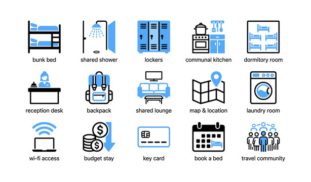 Hostel amenity icons showing shared facilities and services