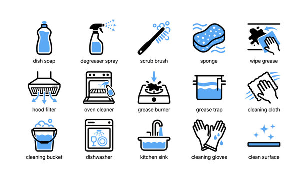 Kitchen cleaning and grease removal icons showing tools and tasks