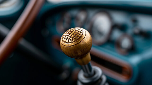 Brass gear shift knob in a vintage car cabin highlighting the intricate patterned texture, symbolizing heritage, craftsmanship, and the classic automotive era