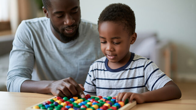 Black father and young son spending quality time together, learning and developing fine motor skills with a colorful educational pegboard toy game at home