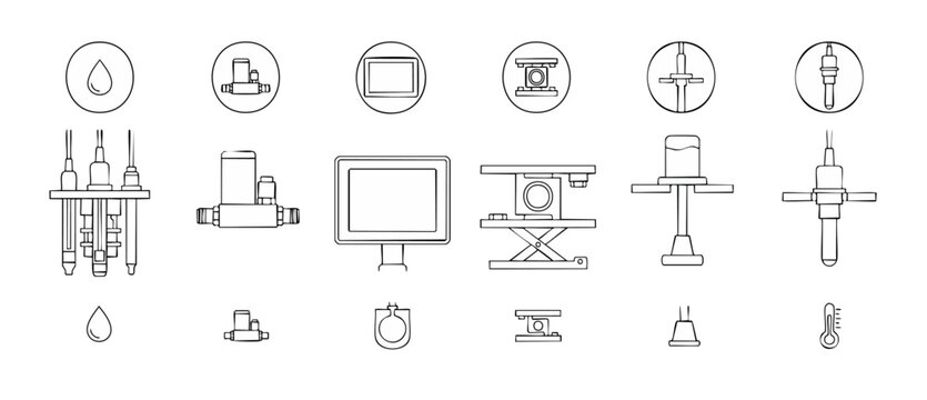Water quality sensor icon set for laboratory measurement and industrial fluid testing, featuring pH probe, flow meter, display monitor, scissor lift, and temperature sensor in black thin line vectors.