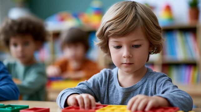 Young boy concentrating on a colorful educational game during preschool at a bright classroom, exploring and developing cognitive skills through learning activities