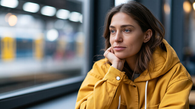 Woman contemplating by a window, experiencing moments of solitude and reflection, observing the urban life passing by from a warm interior, copy space