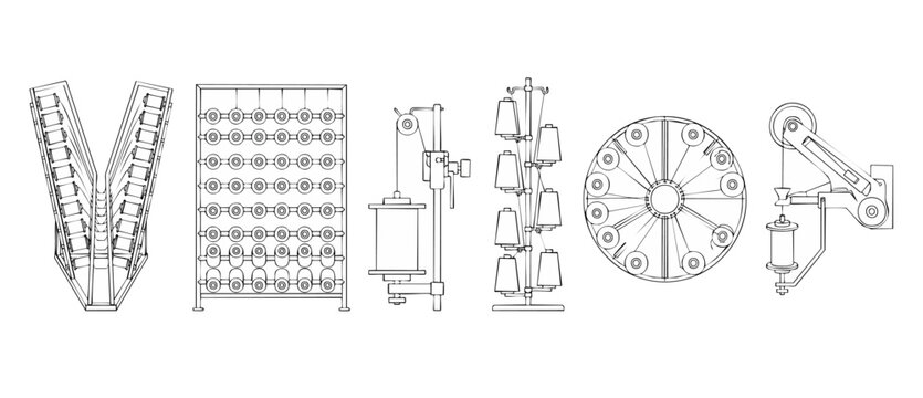Textile machinery line art vector illustration of industrial spinning bobbins, weaving spools, and mechanical thread manufacturing equipment in a clean minimalist technical blueprint schematic layout.