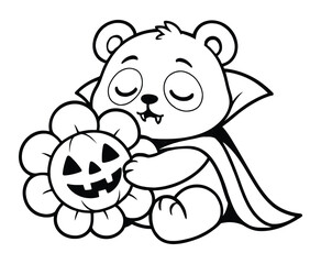 Cute sleeping vampire panda hugging a pumpkin shaped sunflower halloween concept. © ArifulIslam