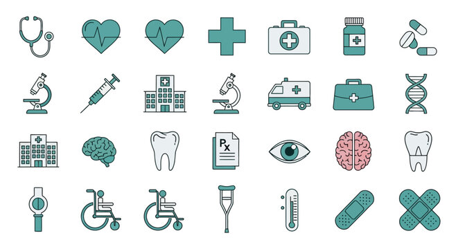 Medical Icons Collection Teal Line Art On White Background