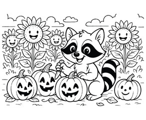 Coloring page with cute raccoon carving pumpkins in sunflower garden for kids activities. © ArifulIslam