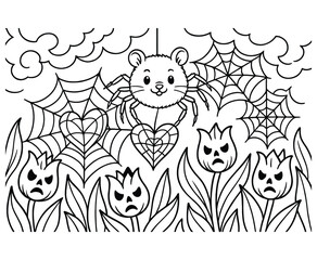 Fototapeta premium Little spider mouse character spinning heart webs over spooky skull flowers and garden path.