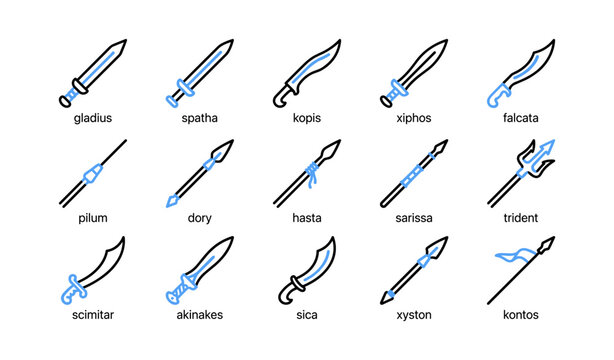 Ancient melee weapon icons arranged in grid on white background